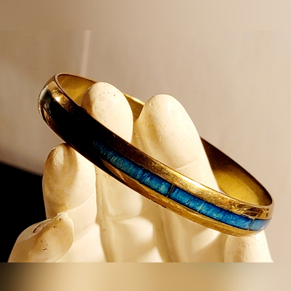 Vintage Brass and Blue Enamel Bangle Bracelet